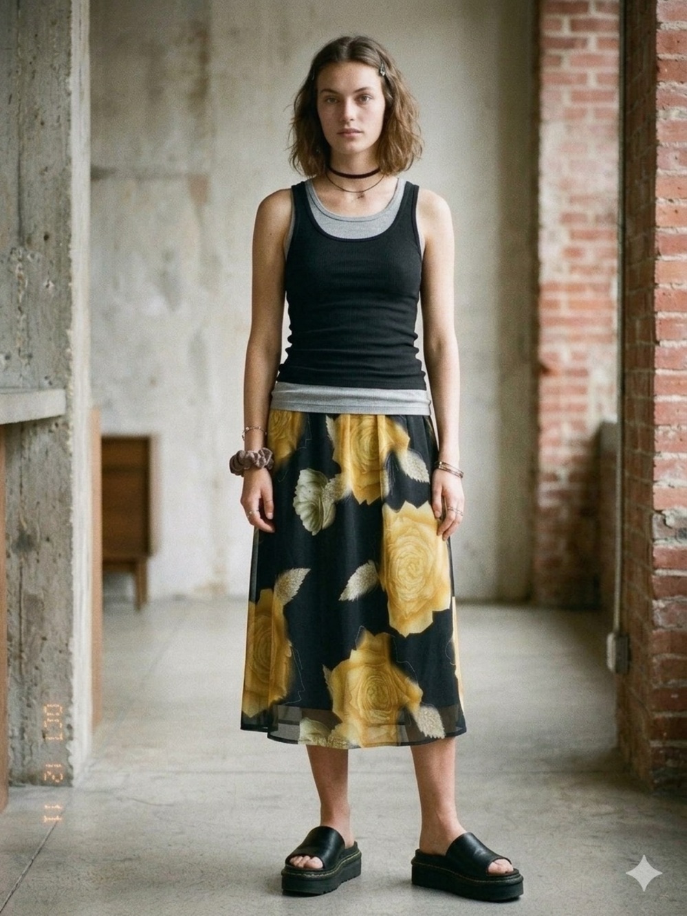 90s Midi Skirt Yellow Roses Medium Lined STF Sunny Toronto Fashions